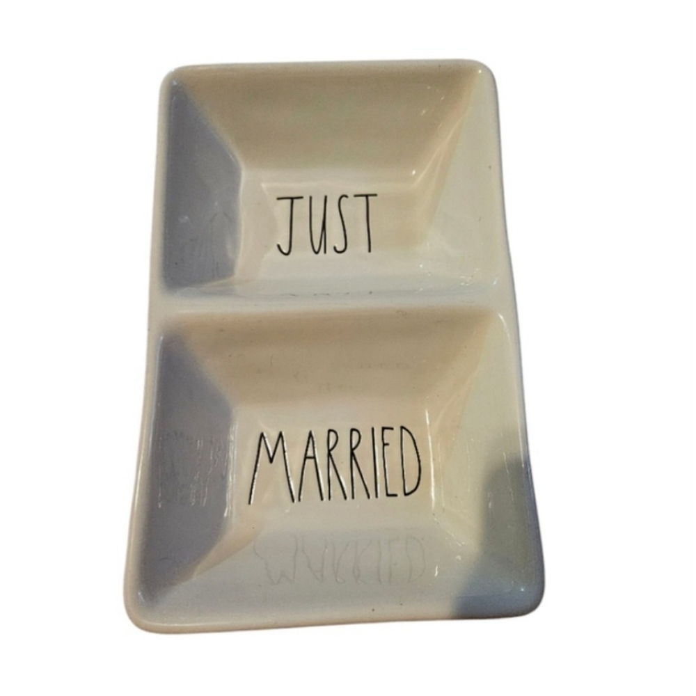 Rae Dunn Magenta Artisan "JUST MARRIED" large letters divided 2 Dish Candy Bowl